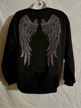 SHEIN Black Crewneck Sweater with Silver Rhinestone Angel Wings
